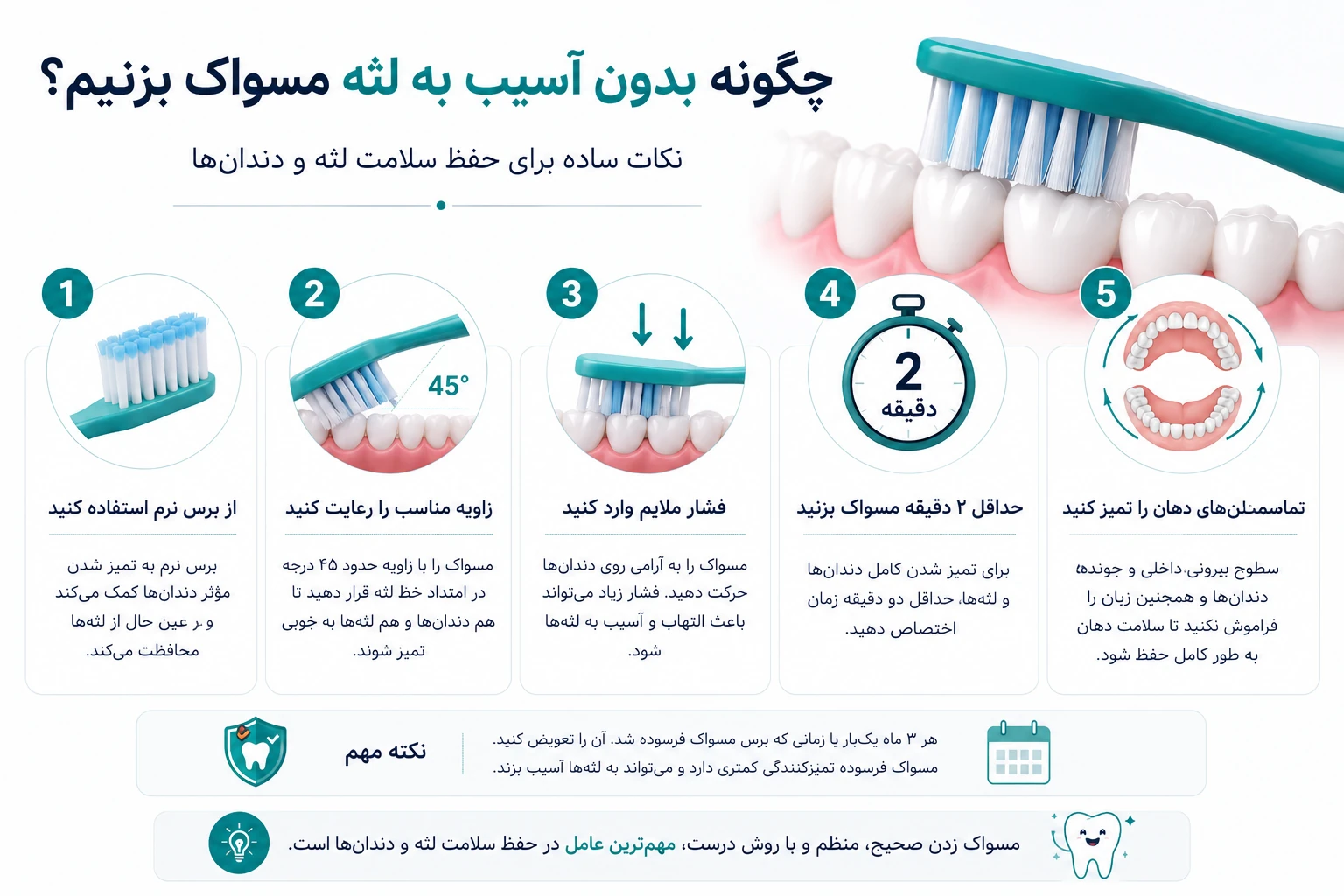 روش صحیح مسواک زدن بدون آسیب به لثه با برس نرم، زاویه مناسب و فشار کنترل&zwnj;شده