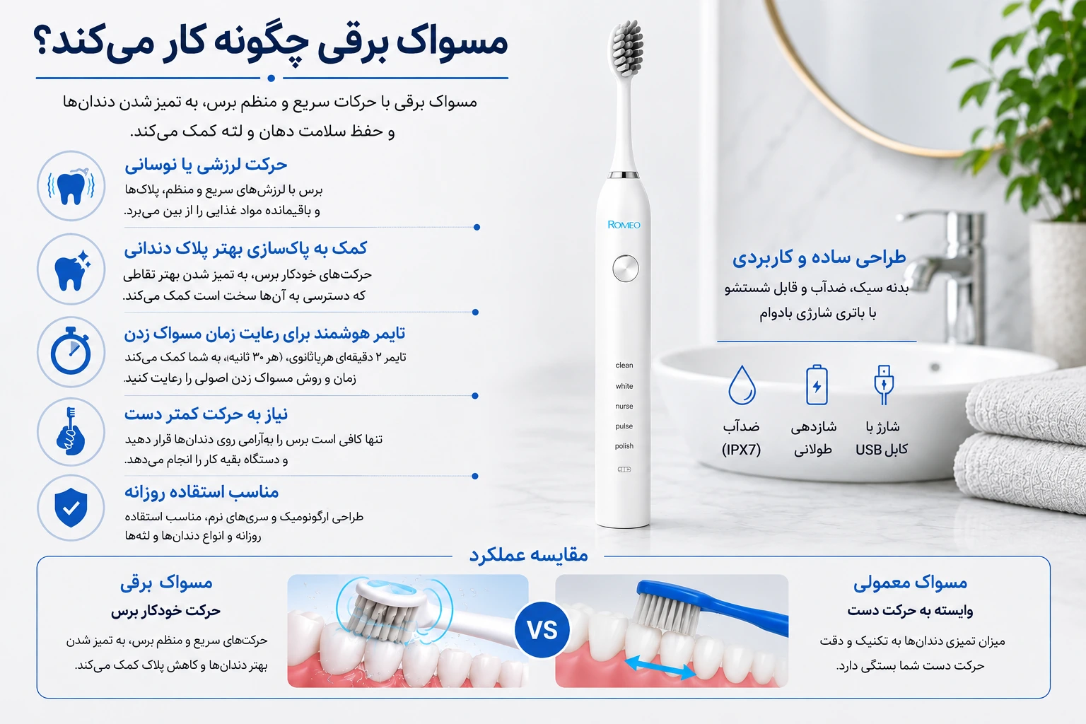 نحوه عملکرد مسواک برقی و مقایسه آن با مسواک معمولی در پاکسازی دندان&zwnj;ها