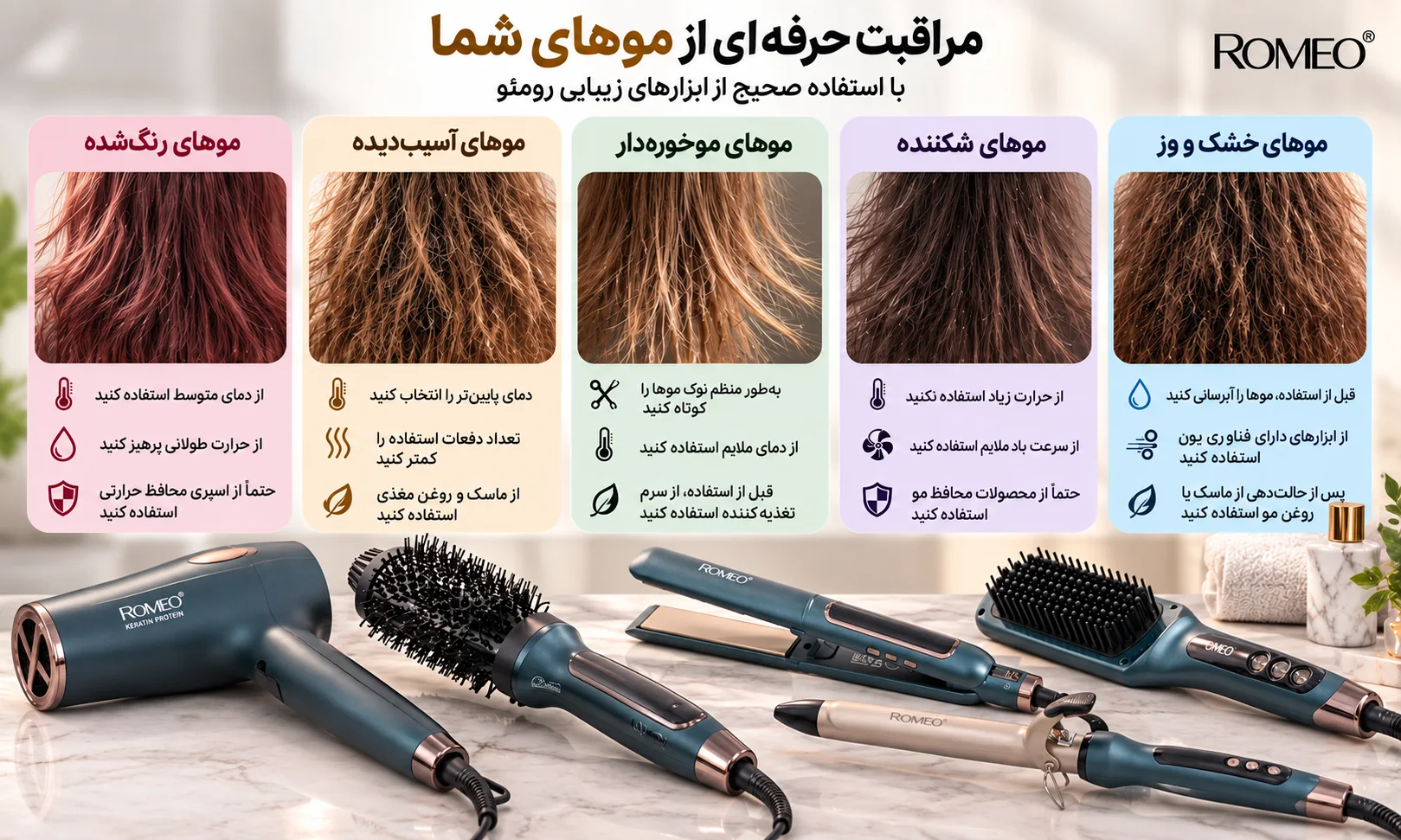 مراقبت از موهای رنگشده، آسیبدیده، موخورهدار، شکننده و خشک هنگام استفاده از سشوار، اتو مو، برس حرارتی و فرمو ROMEO